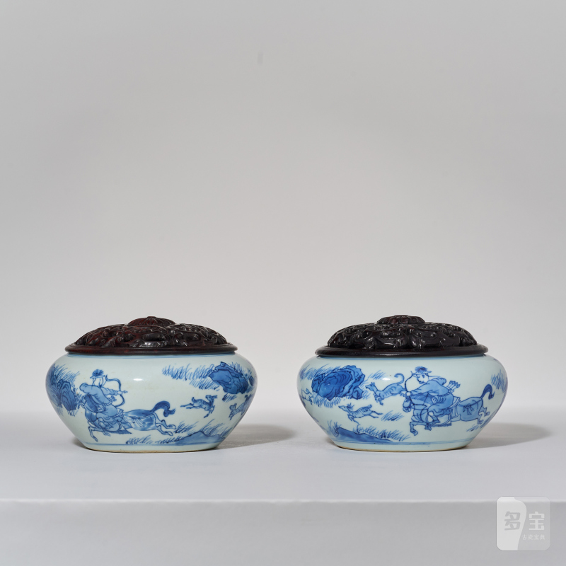 清康熙 青花羌胡出猎图围棋罐一对 - 图4